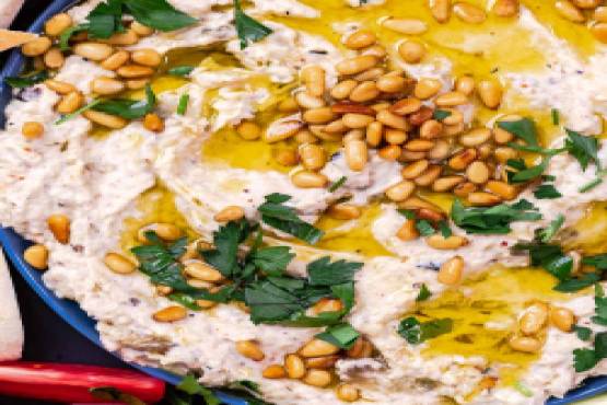 Baba Ghanoush (Grilled eggplant, tahini, yogurt, bread & olive oil)